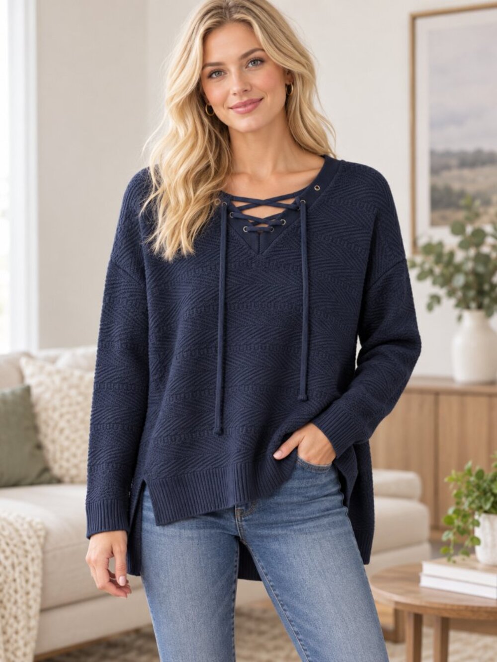 Athleta Lace-Up V-Neck Sweater